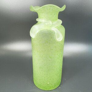 Vintage Frosted Green Spots Art Glass Vase Clear Swirl Top Wavy Edges Vase Glass
